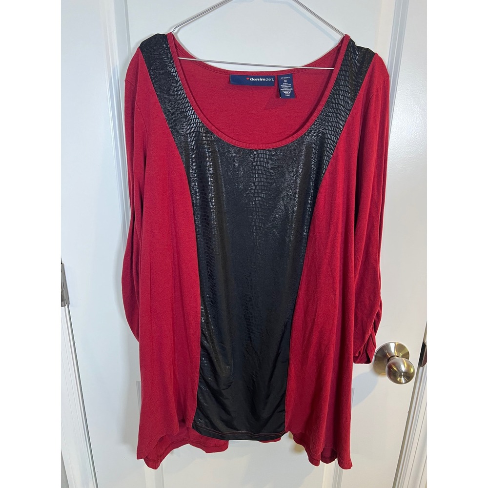Denim 24/7 Womens‎ Tunic Top Faux Leather Panel Red 1X